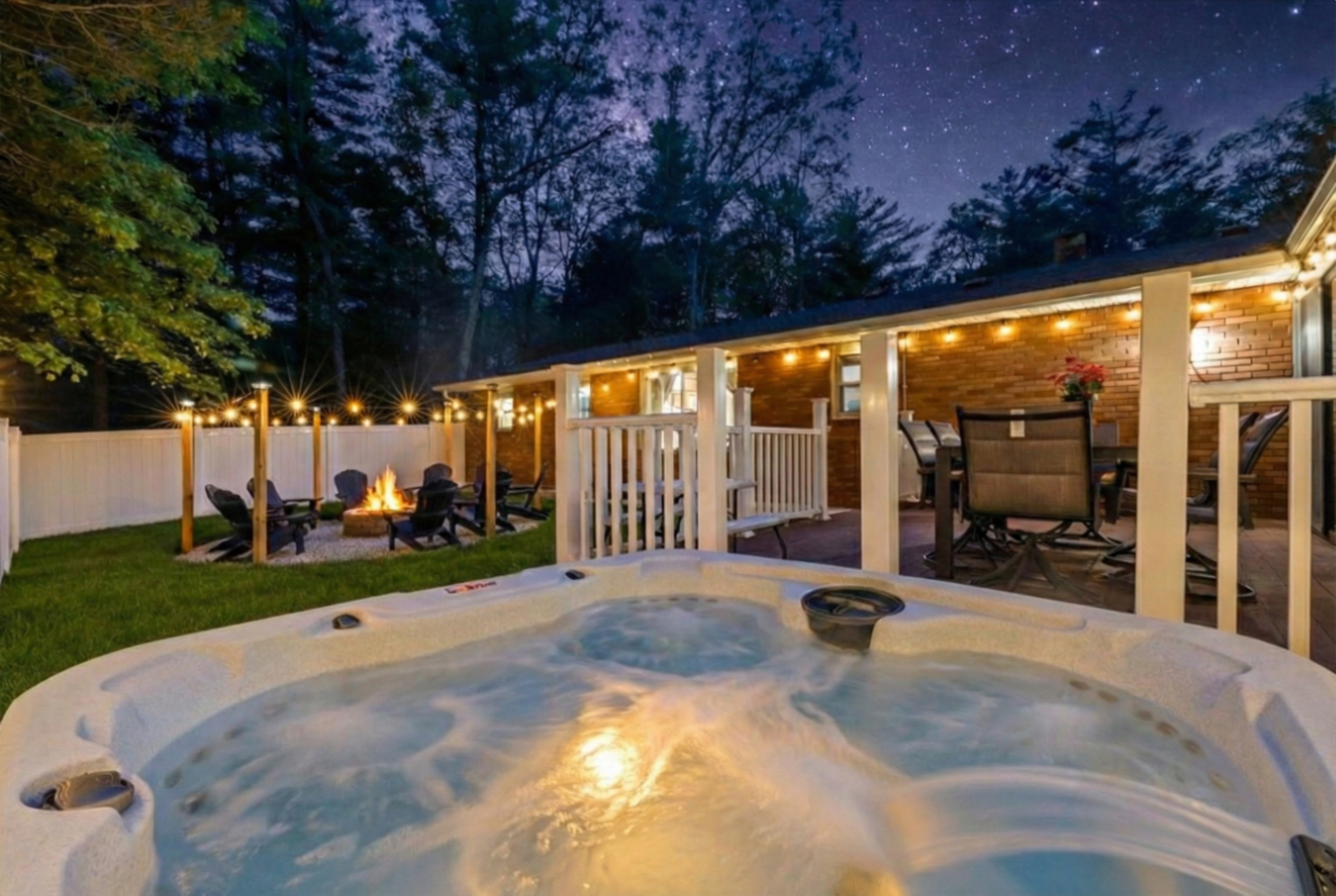 Soak under the stars at night safely in your private fenced in yard