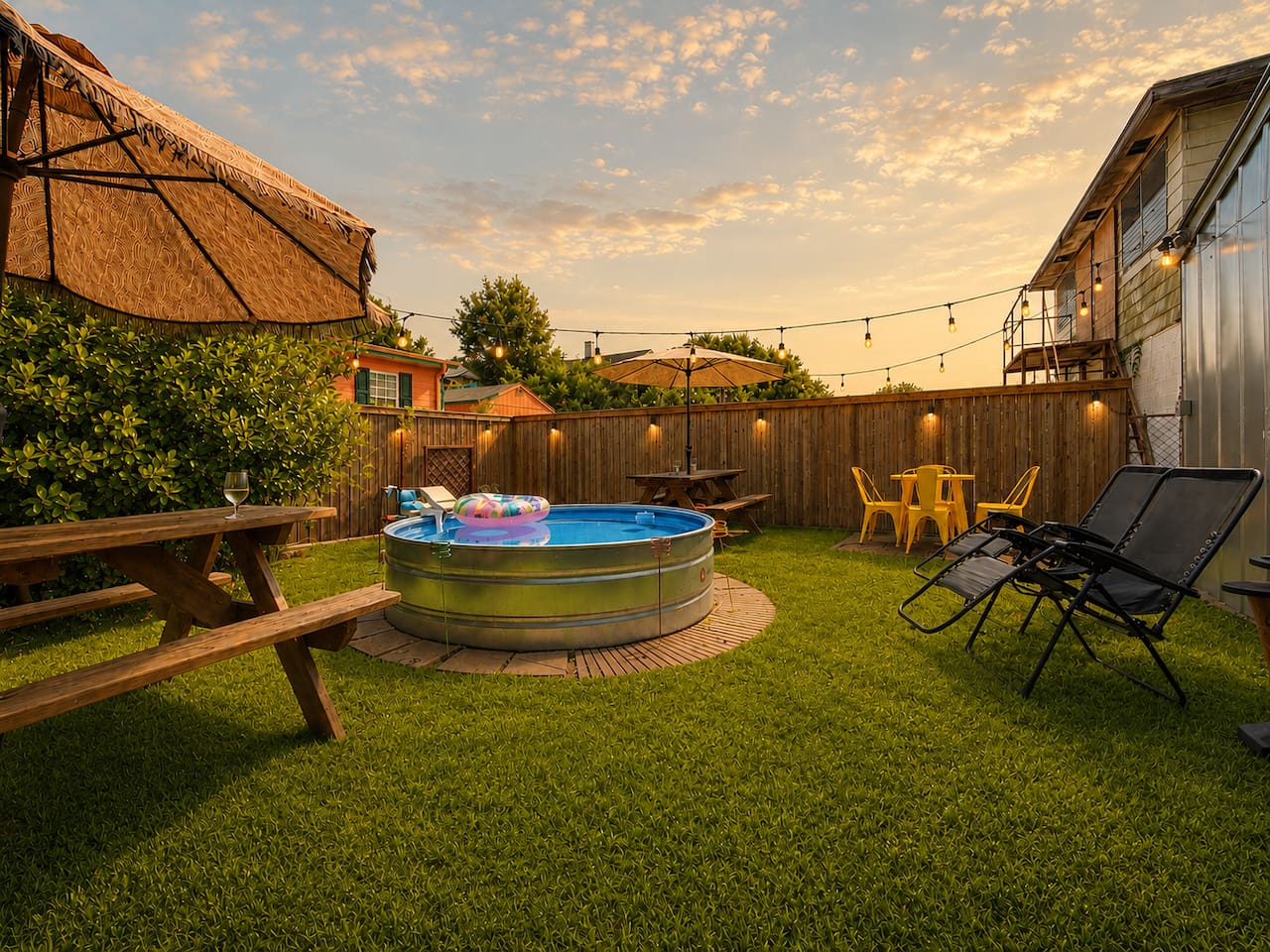 String lights, a bubbling cowboy pool, and a Meyer lemon tree — this backyard has magic written all over it. Gather around the table and settle in. The night can wait.