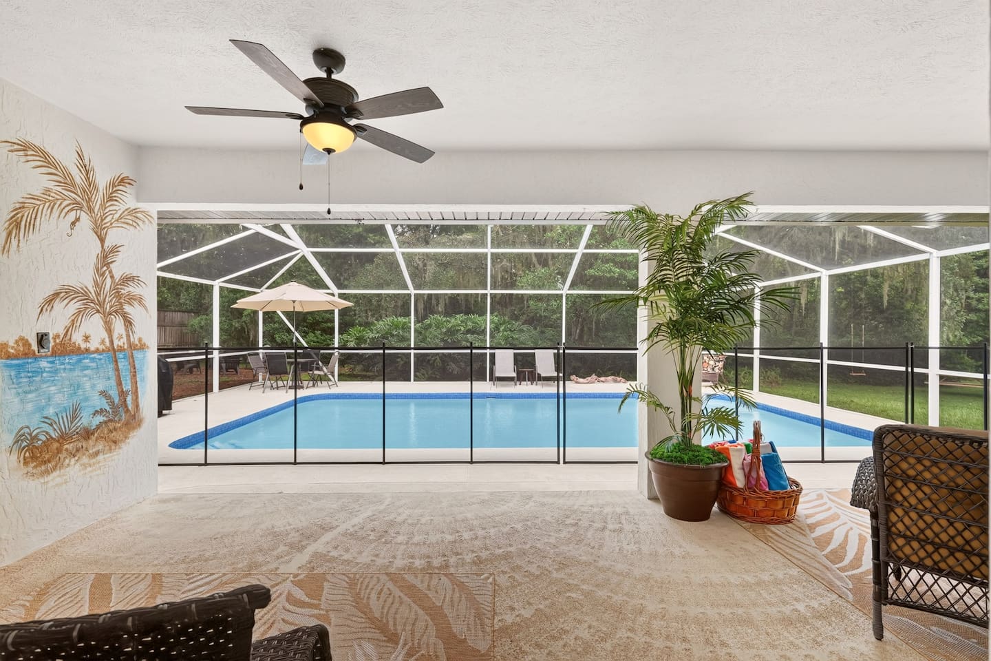 A large screened in pool area to enjoy.  We ask that our guests follow the posted pool rules and use caution when using the pool.  We have provided a security fence for safety, however please note that swimming is at your own risk. 