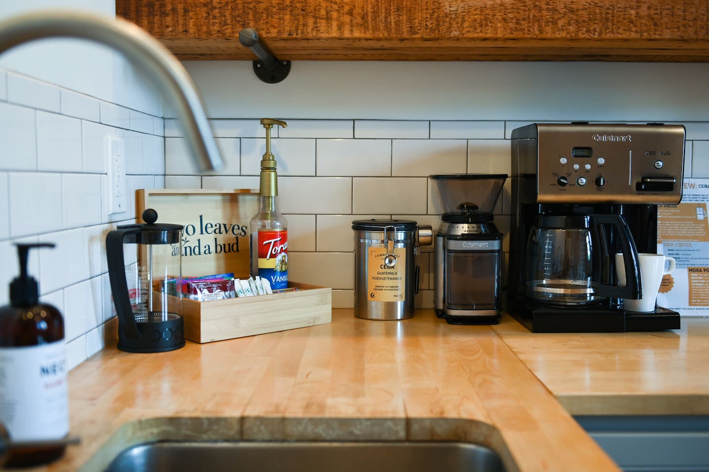 Each apartment is fully stocked with premium coffee & tea, syrup, burr grinder, drip machine, french press, and more.