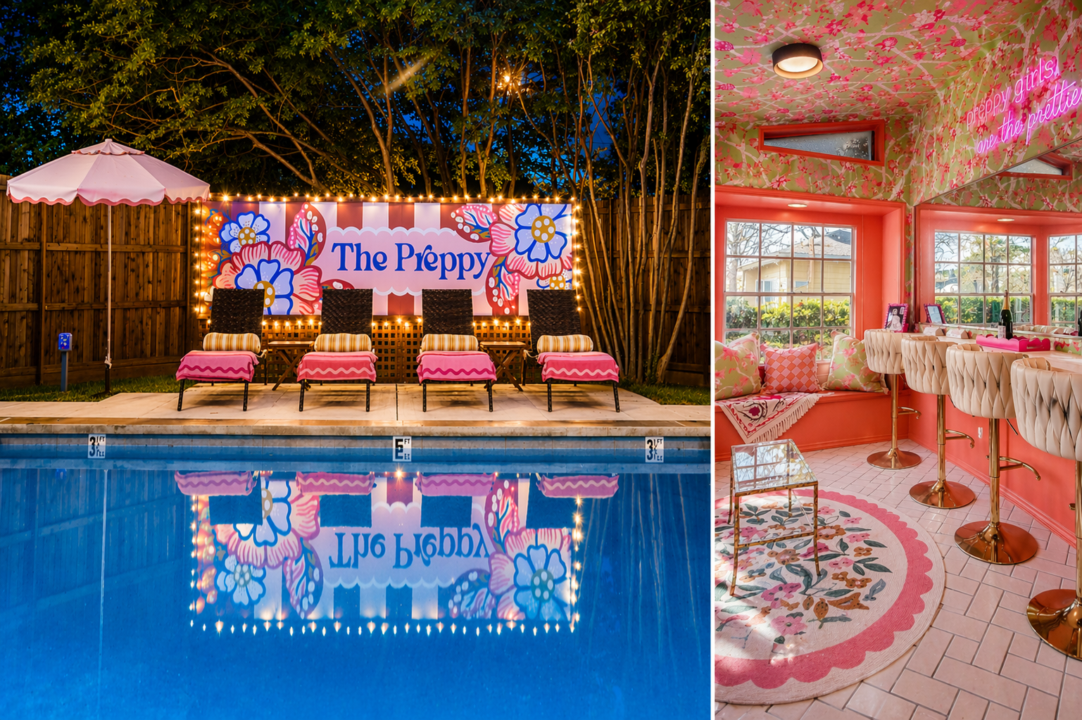 Twilight magic at The Preppy, where the pool mural reflects pure Fort Worth fun. String lights, resort-style loungers, and a pink bar room that means business. This is your girls trip headquarters.