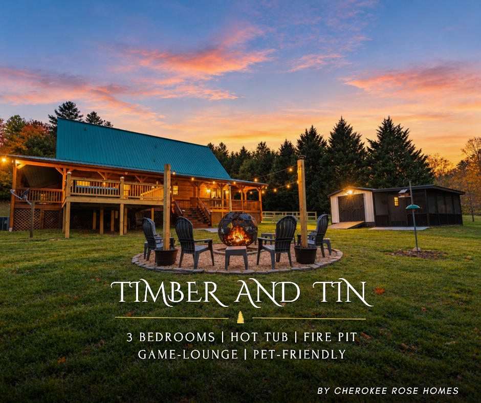 Timber & Tin Cabin brings together a hot tub, game room, fire pit, screened porch, creek, and room for the whole crew. And yes — your pup can come too.