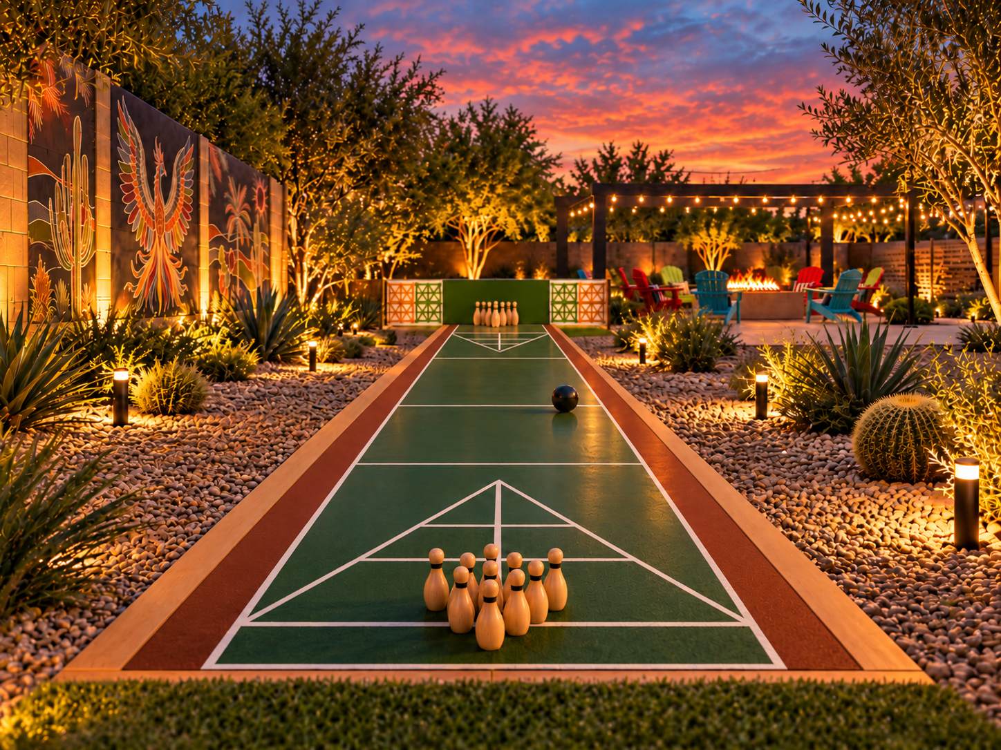 {Outdoor Bowling + Shuffleboard} 🎳 A little friendly competition, the Everwild way! Challenge your crew on our custom outdoor bowling and shuffleboard court, surrounded by desert landscaping, vibrant murals, and twinkling lights.