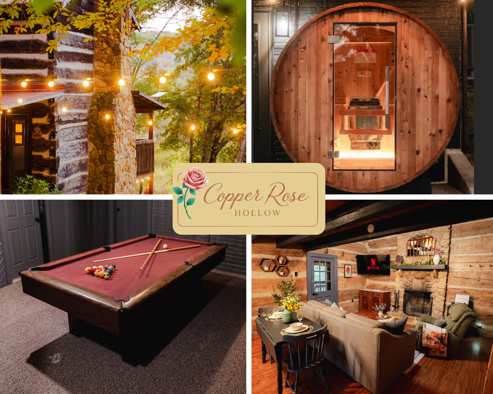 Relax at CopperRose with a cozy fireplace, sauna, pool table, and more.
