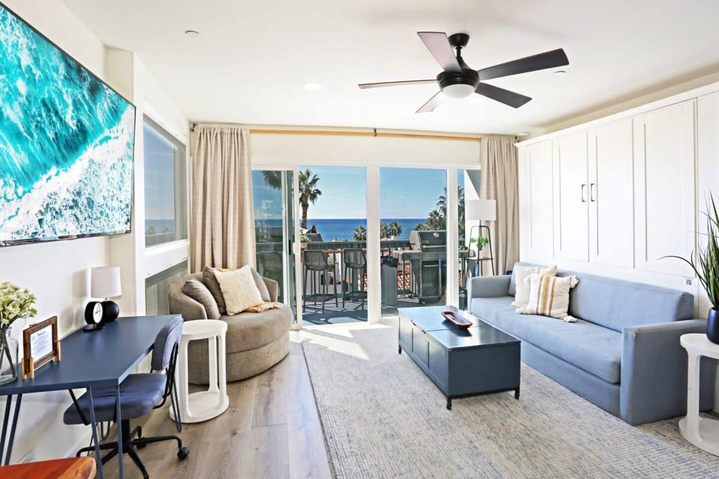 The living room includes a king-sized sofa Murphy Bed that converts to a "real bed" in less than two minutes.  The bed is made up with bedding ready for sleep.  This murphy bed makes this 1 bedroom condo feel more like a 2 bedroom.