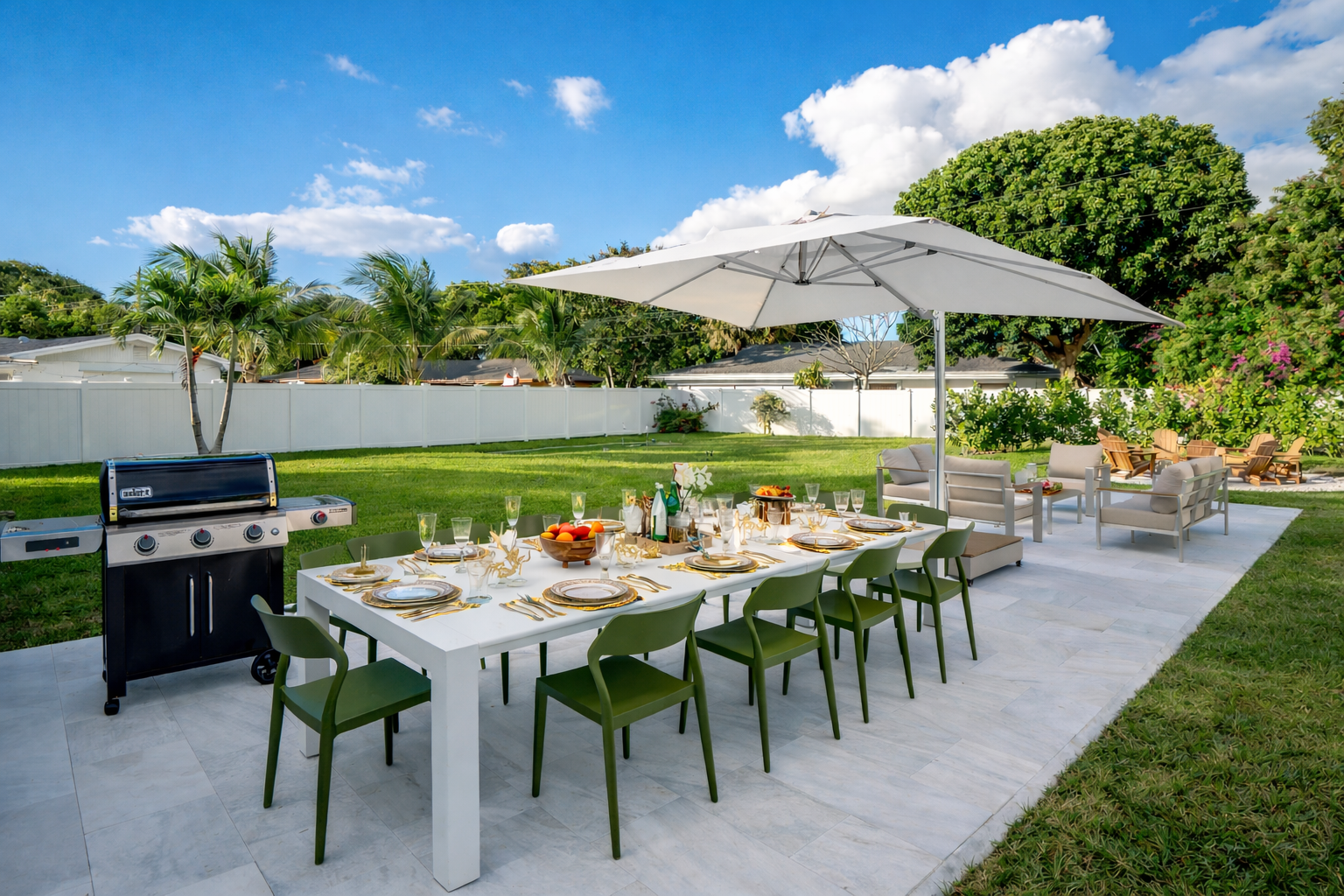 Sun-drenched outdoor dining patio with a spacious table for group meals, shaded umbrella seating, and a full grill—perfect for long lunches, sunset dinners, and effortless al fresco entertaining in total privacy.