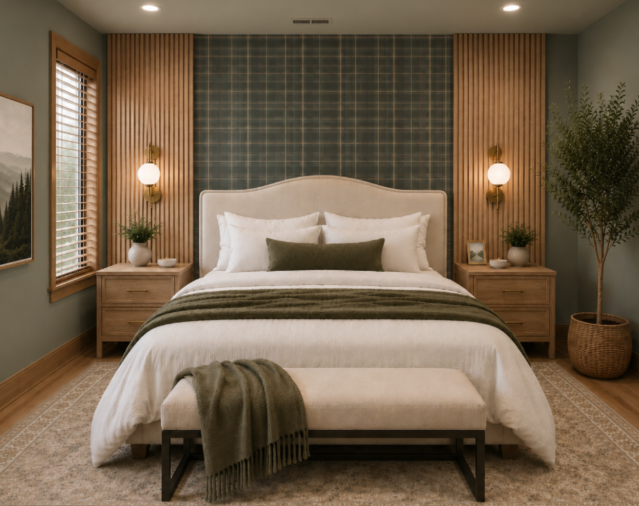{Bedroom 1} Featuring a statement accent wall, warm textures, and a plush king bed, this inviting space is made for restful nights in the mountains.