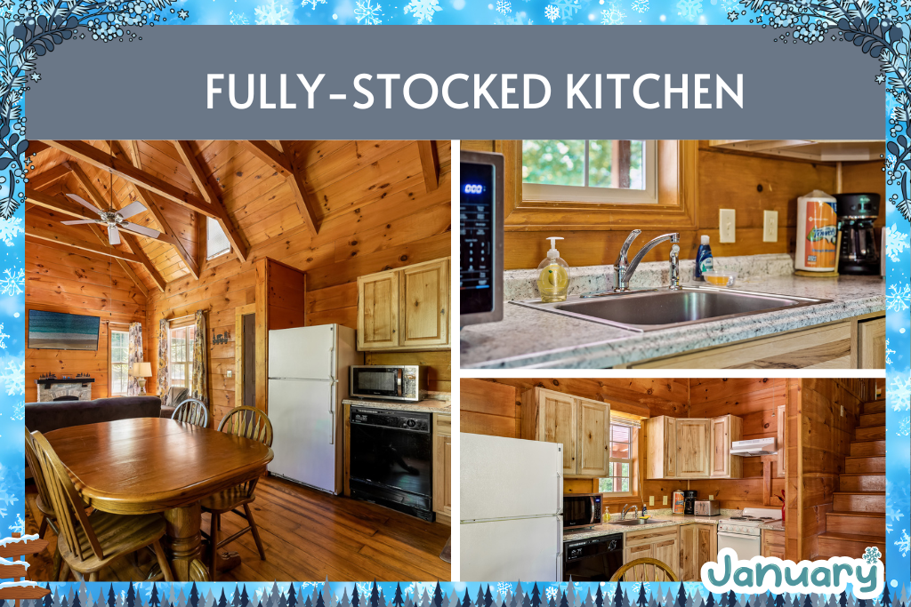 Fully-stocked kitchen with rustic charm—cook, sip, or snack in comfort.