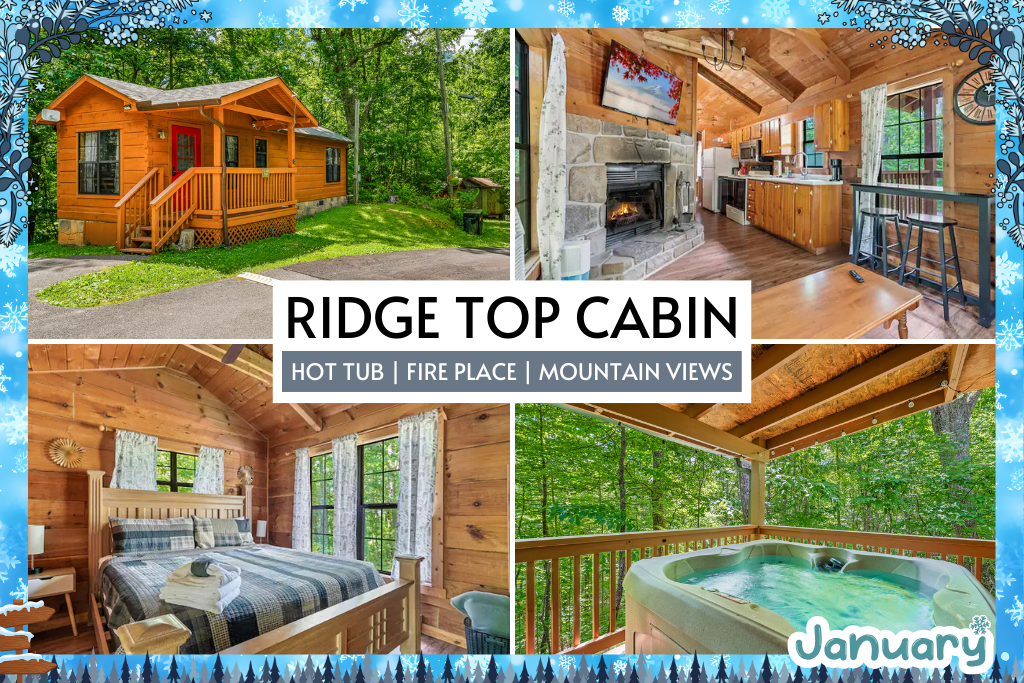 Perched above the Smokies, Ridge Top Cabin offers a romantic escape with a private hot tub, cozy fireplace, and breathtaking mountain views.