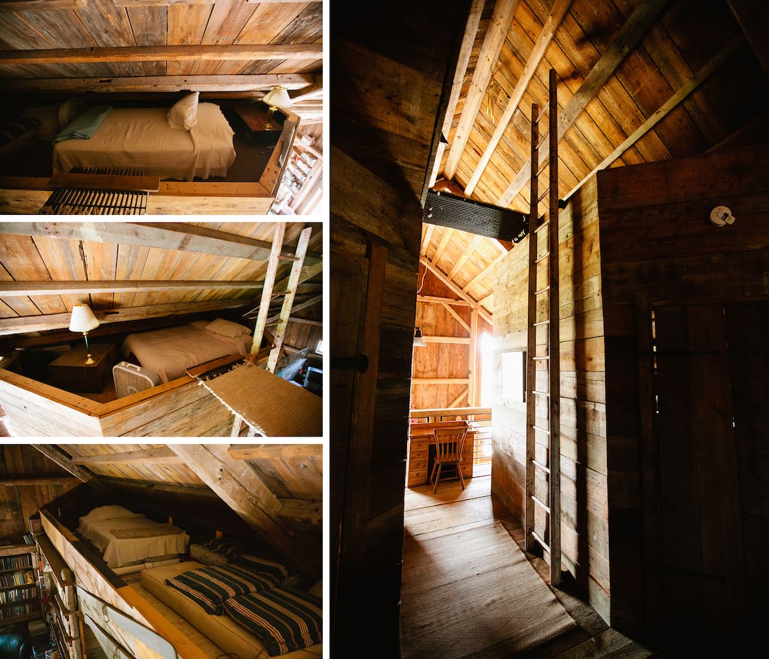 Kids love the third story loft beds tucked under the eaves and accessed by hay ladders. 