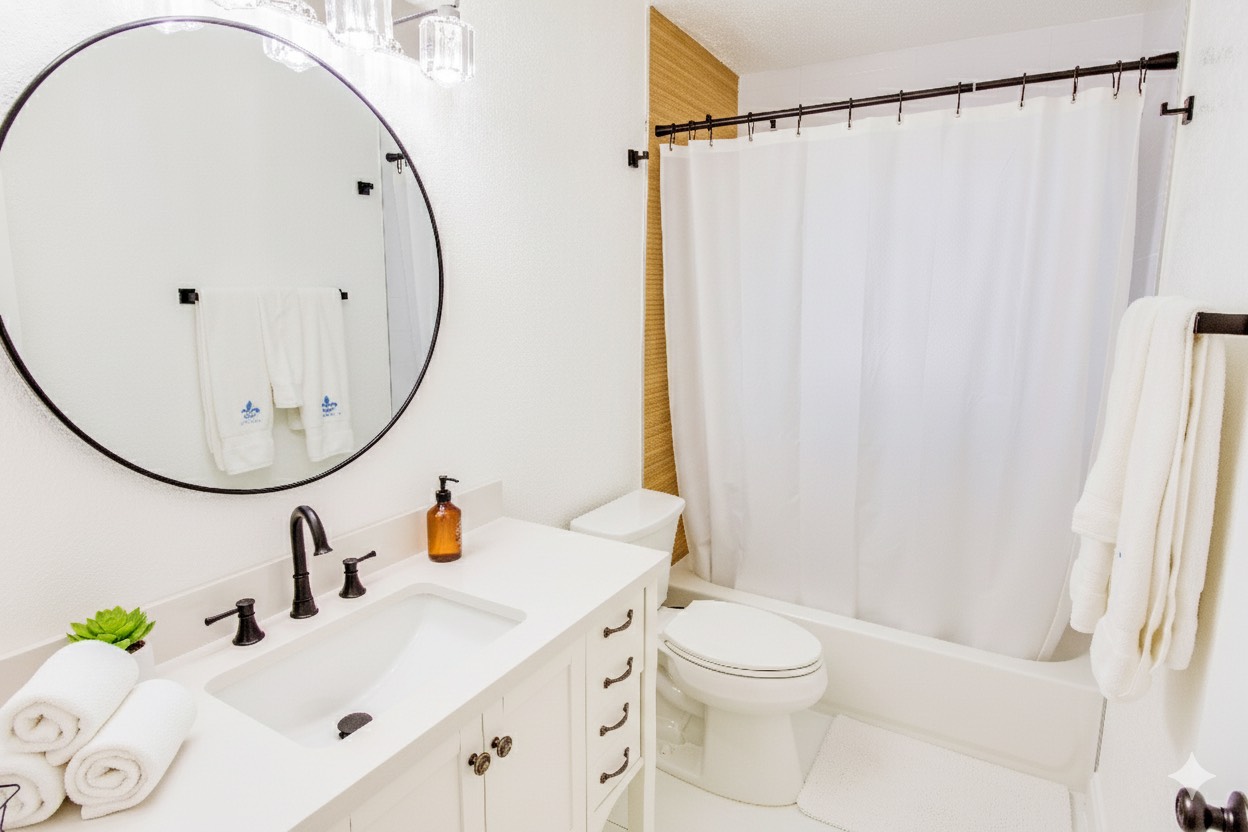 Fresh, modern guest bathroom with a spacious vanity, soft lighting, and a convenient tub/shower combo.