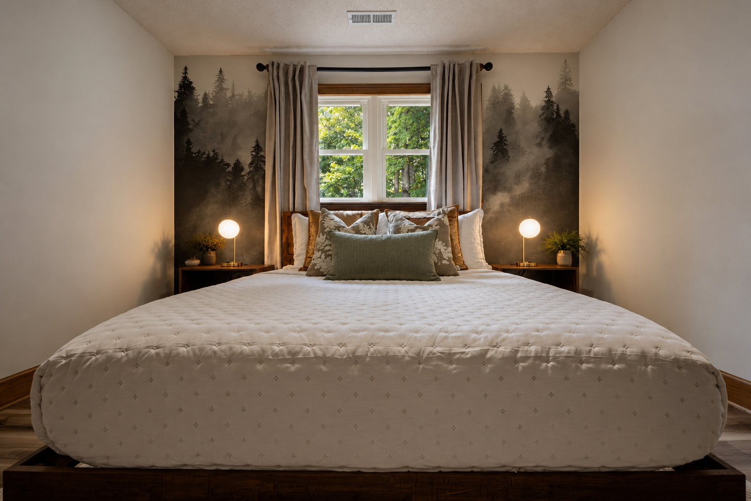 {Bedroom 3} With a serene forest-inspired accent wall, cozy bedding, and large windows that welcome natural light, this bedroom is designed for peaceful mountain mornings.