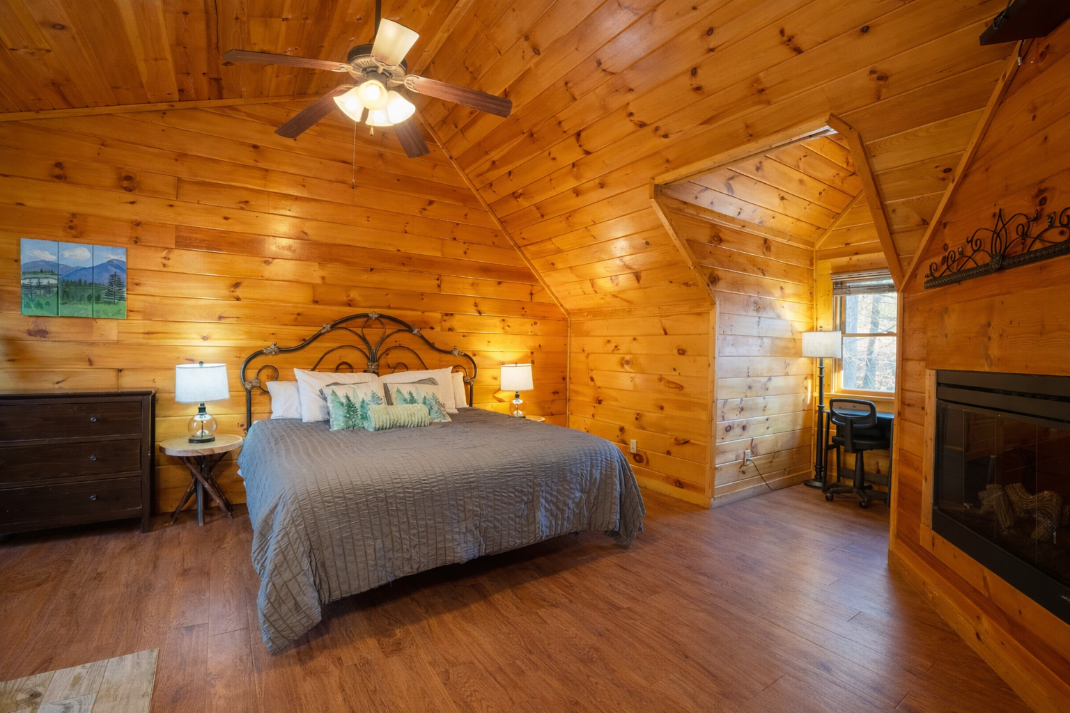 With a private fire place, work space, jacuzzi tub and ensuite bathroom, our spacious master suite is it's own little escape.