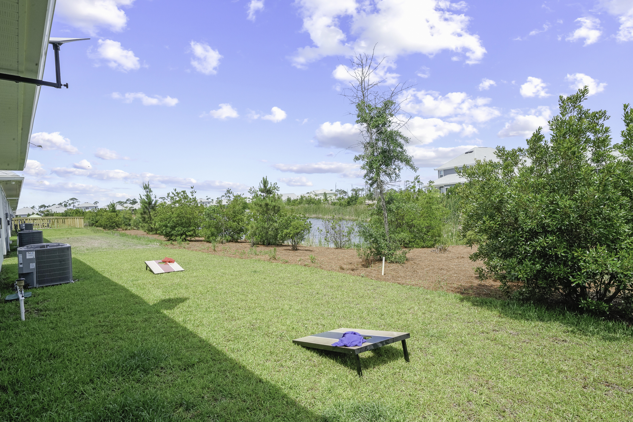 Outdoor fun awaits with complimentary cornhole available for guests