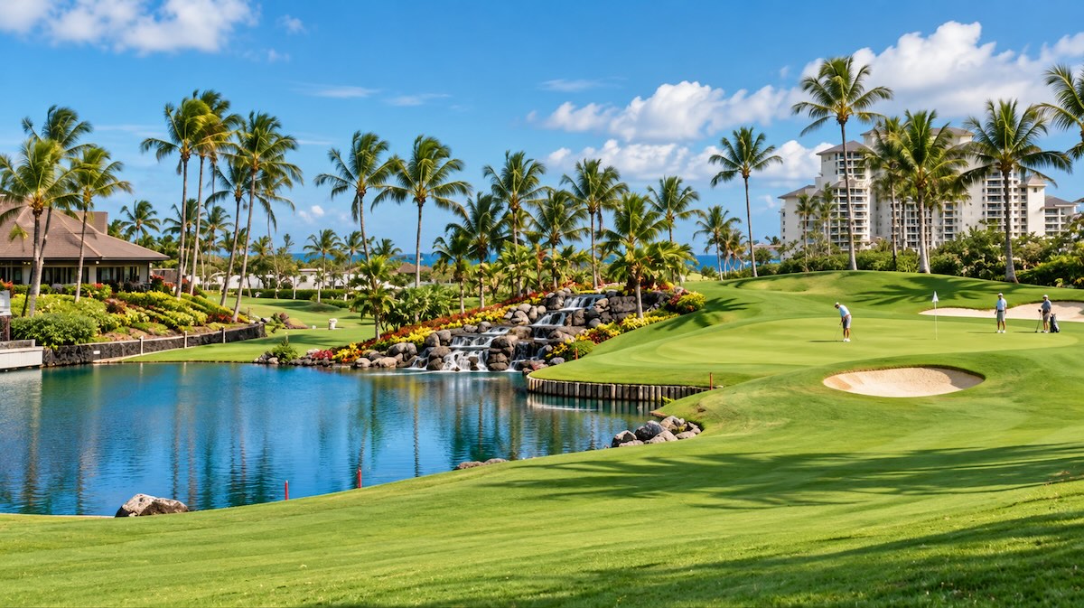 Tropical golf course with palm trees and water features
