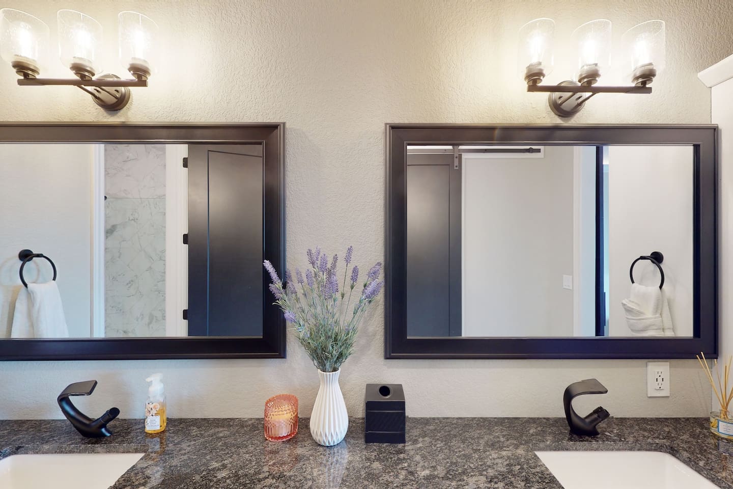 Private Master Bathroom en suite includes modern fixtures, granite counter tops, double sinks, large closet, seperate oversized shower and toilet area.