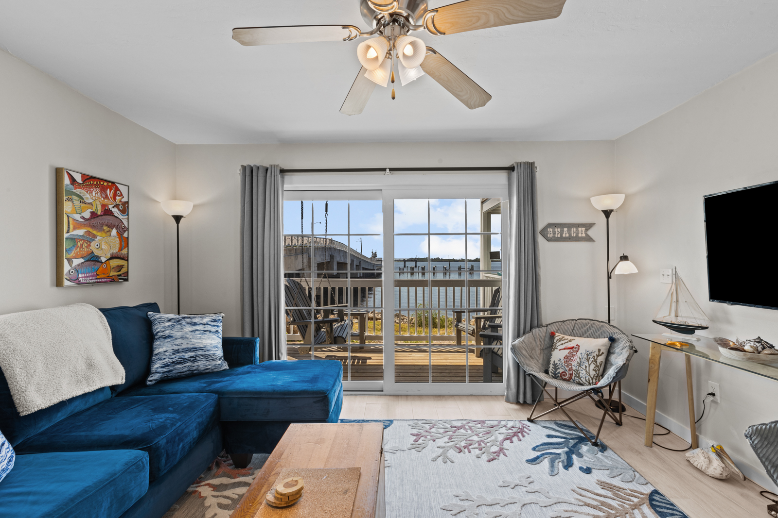 Waterfront view from your living space and balcony! Walking distance to Dock Street where restaurants are located.