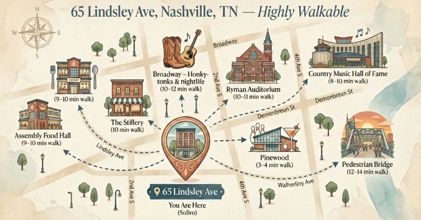 Downtown Nashville Map:

Step outside and explore Nashville on foot. Broadway, live music, iconic museums, and local dining are all just a short walk away. Park the car and let the city unfold around you.