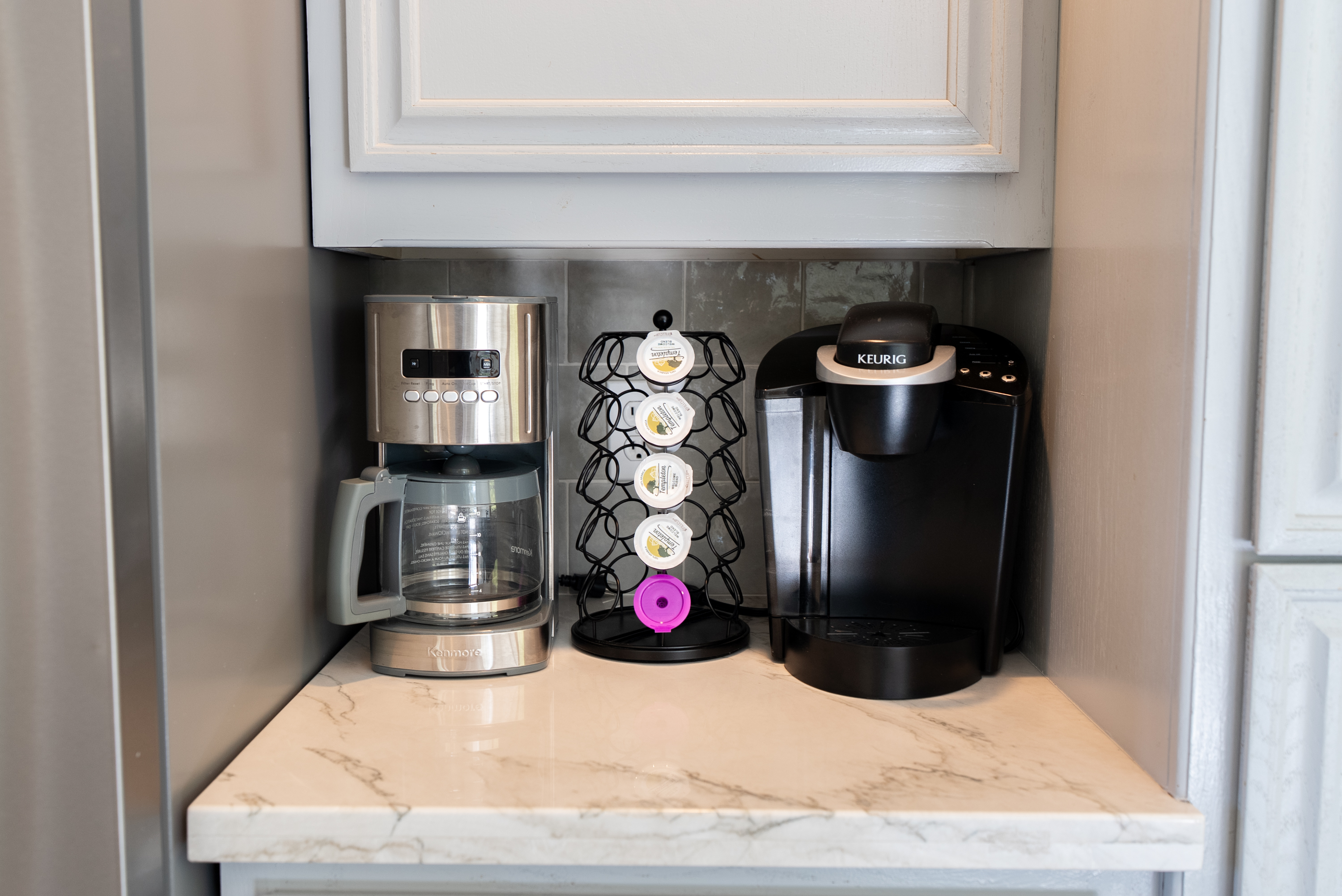 Coffee station with a variety of brewing choices.