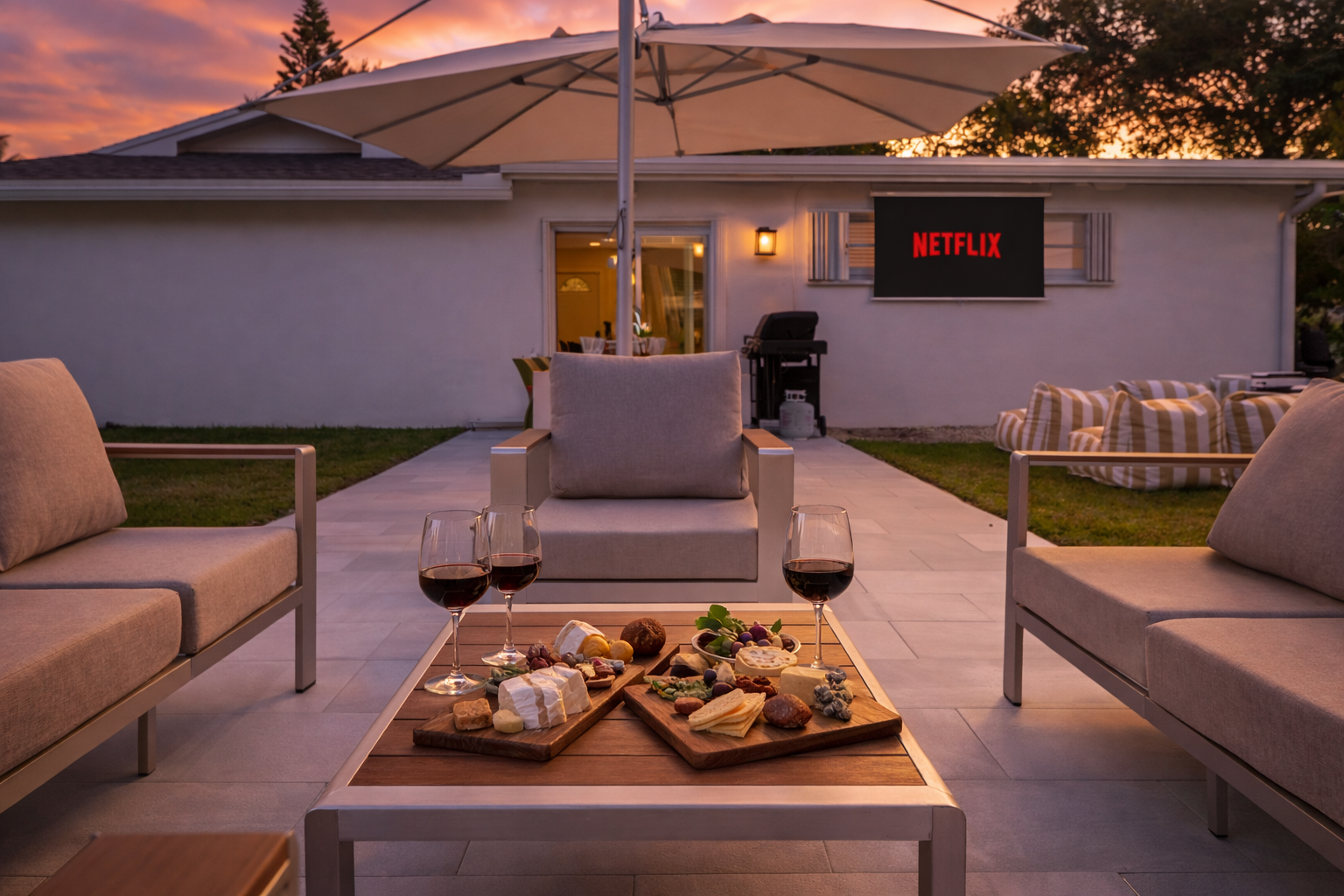 Outdoor dining and lounge patio with umbrella seating, ideal for family meals and group gatherings.