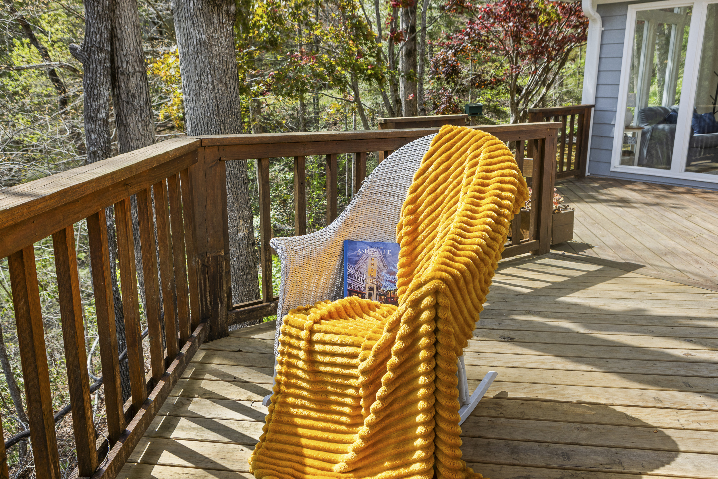 Deck Bliss: Relax in a stylish chair with vibrant throw, surrounded by nature's beauty!