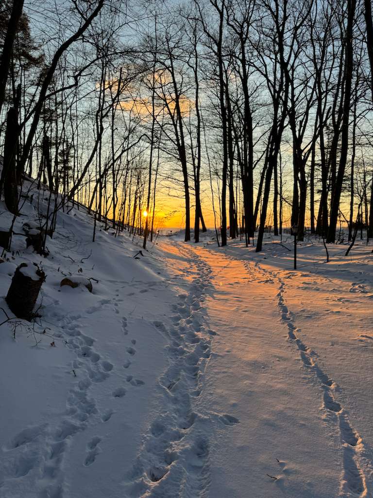 Stroll down this magical snow-dusted trail lined with towering trees as the sun sets over Lake Michigan. A perfect moment of winter calm and natural beauty