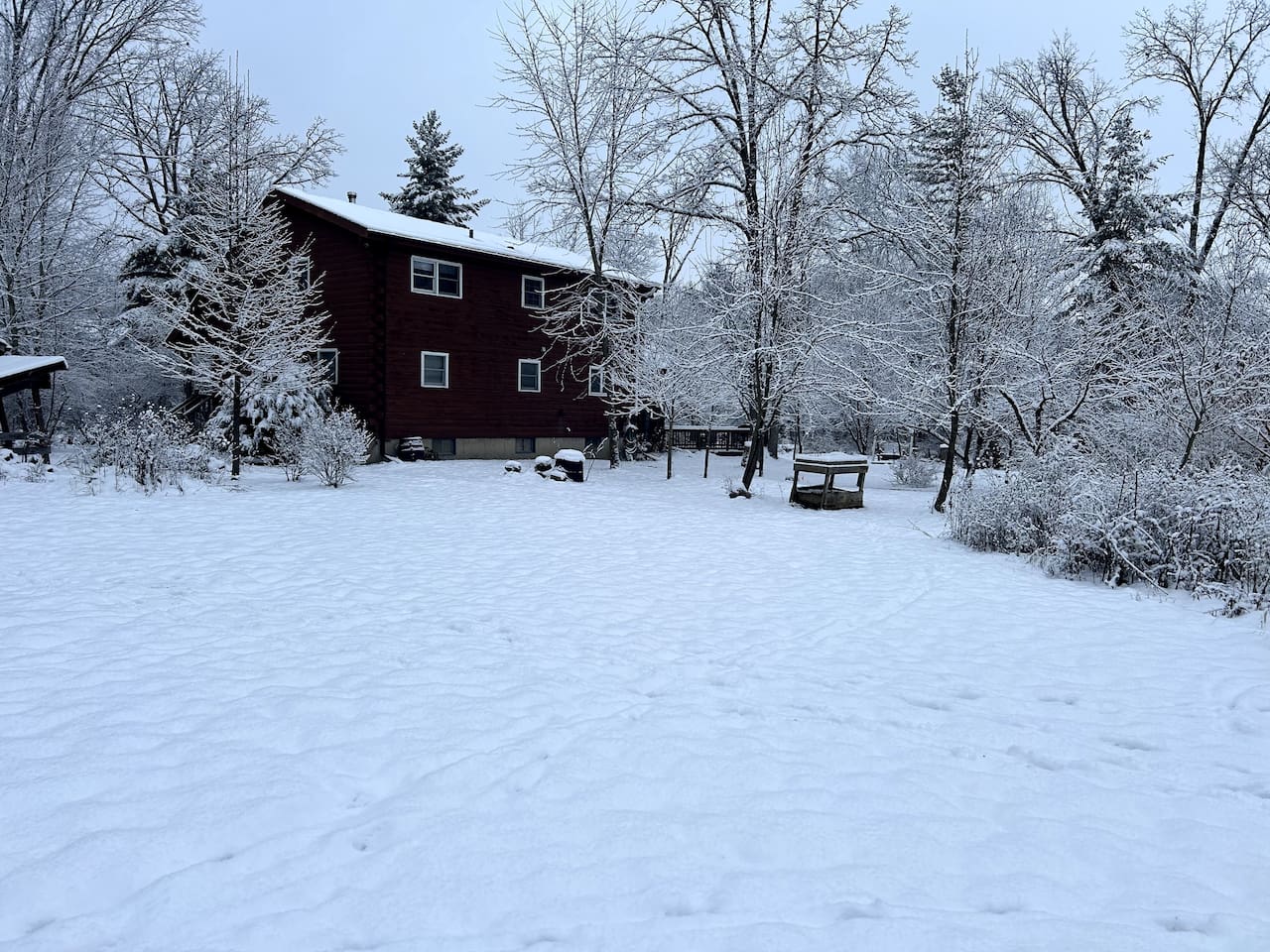 Back view of log cabin.