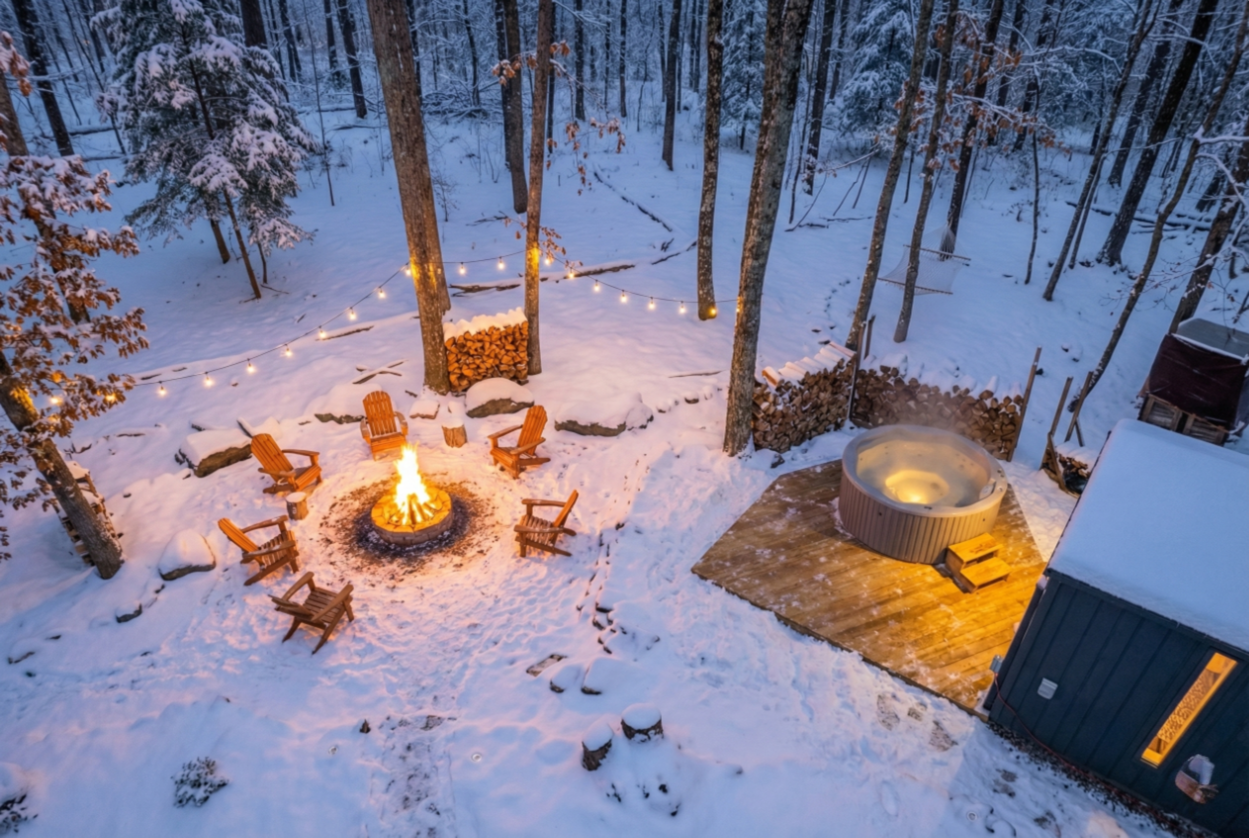 Firepit and Hot Tub next to your own custom Sauna