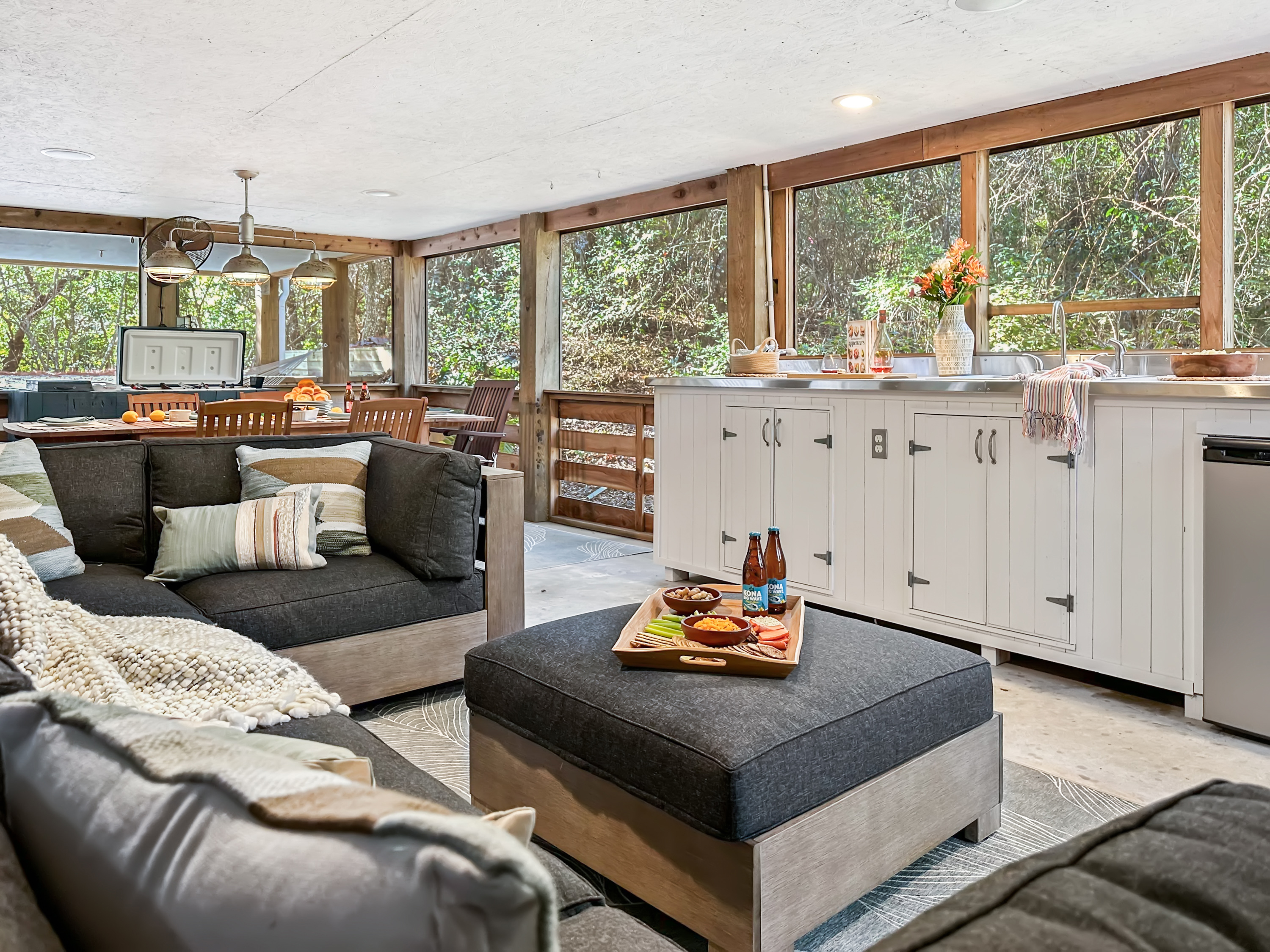 There's also a long counter, sink and fridge and a comfy sectional if you're not on KP!