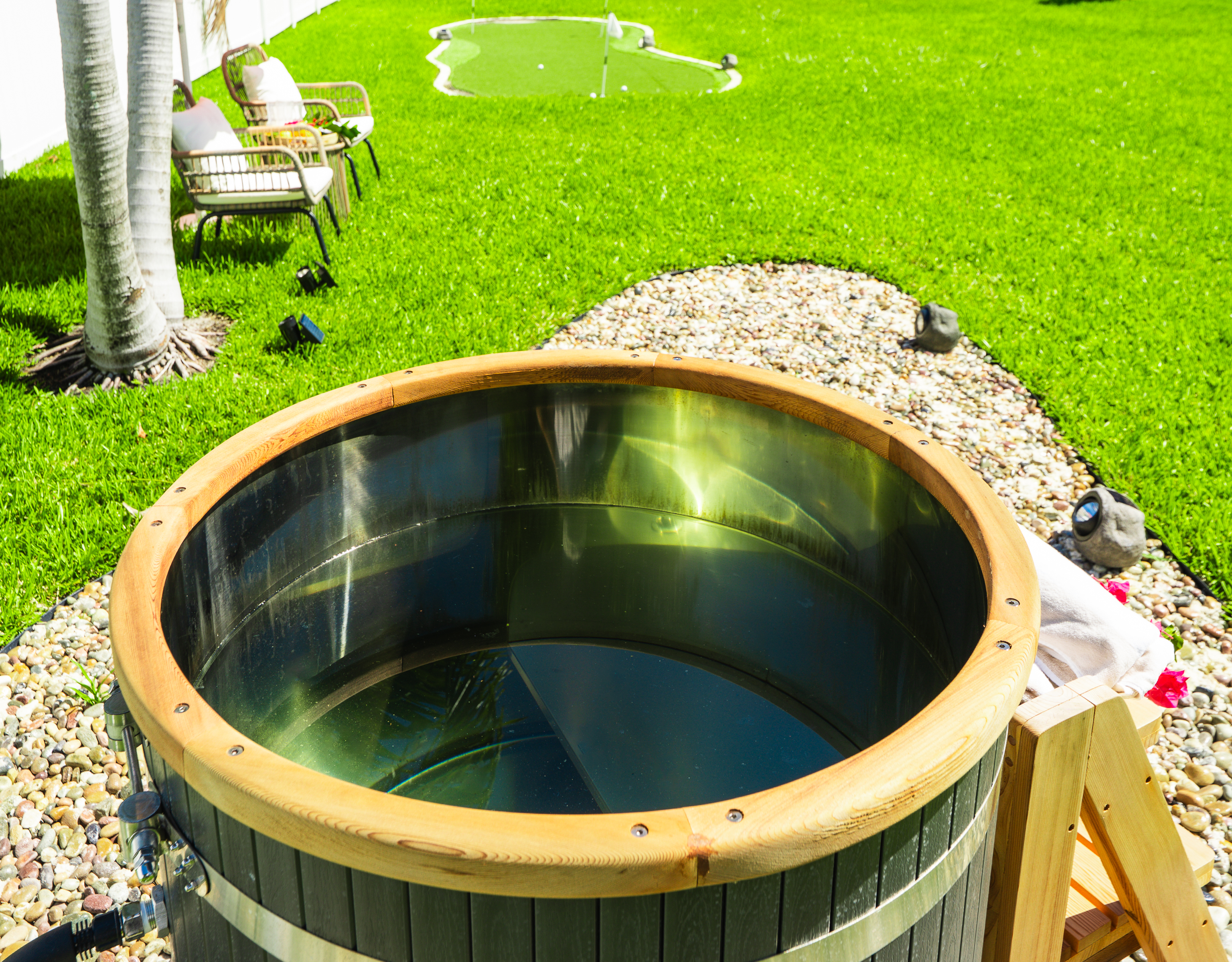 Recharge and recover in your own private cold plunge oasis, surrounded by tropical landscaping and peaceful outdoor vibes. Perfect for morning wellness routines, post-beach recovery, or relaxing under the stars after a day exploring Palm Beach
