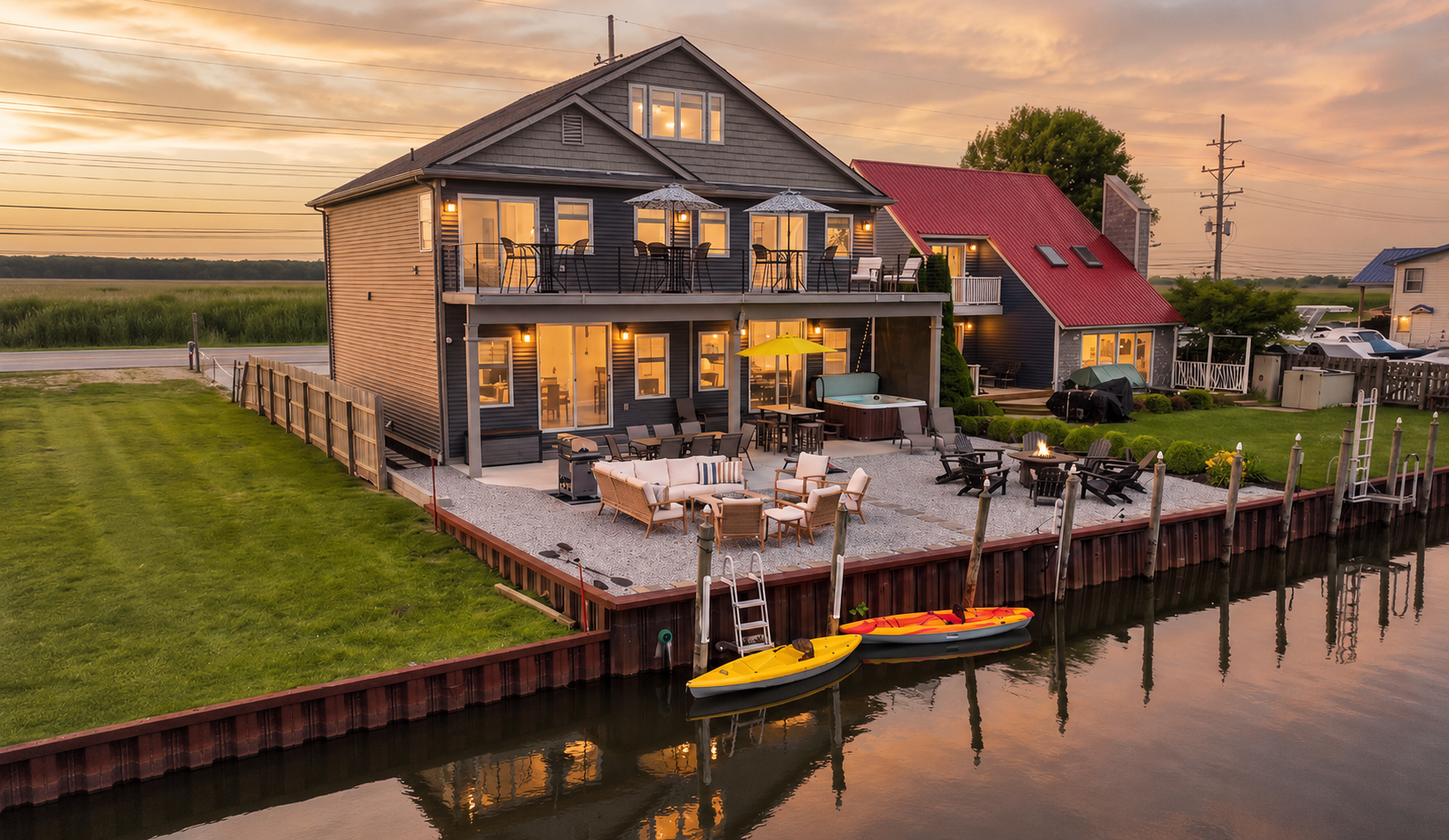 Your private waterfront retreat awaits—complete with a BBQ, hot tub, kayaks, fire table, and unforgettable Lake St. Clair sunsets.