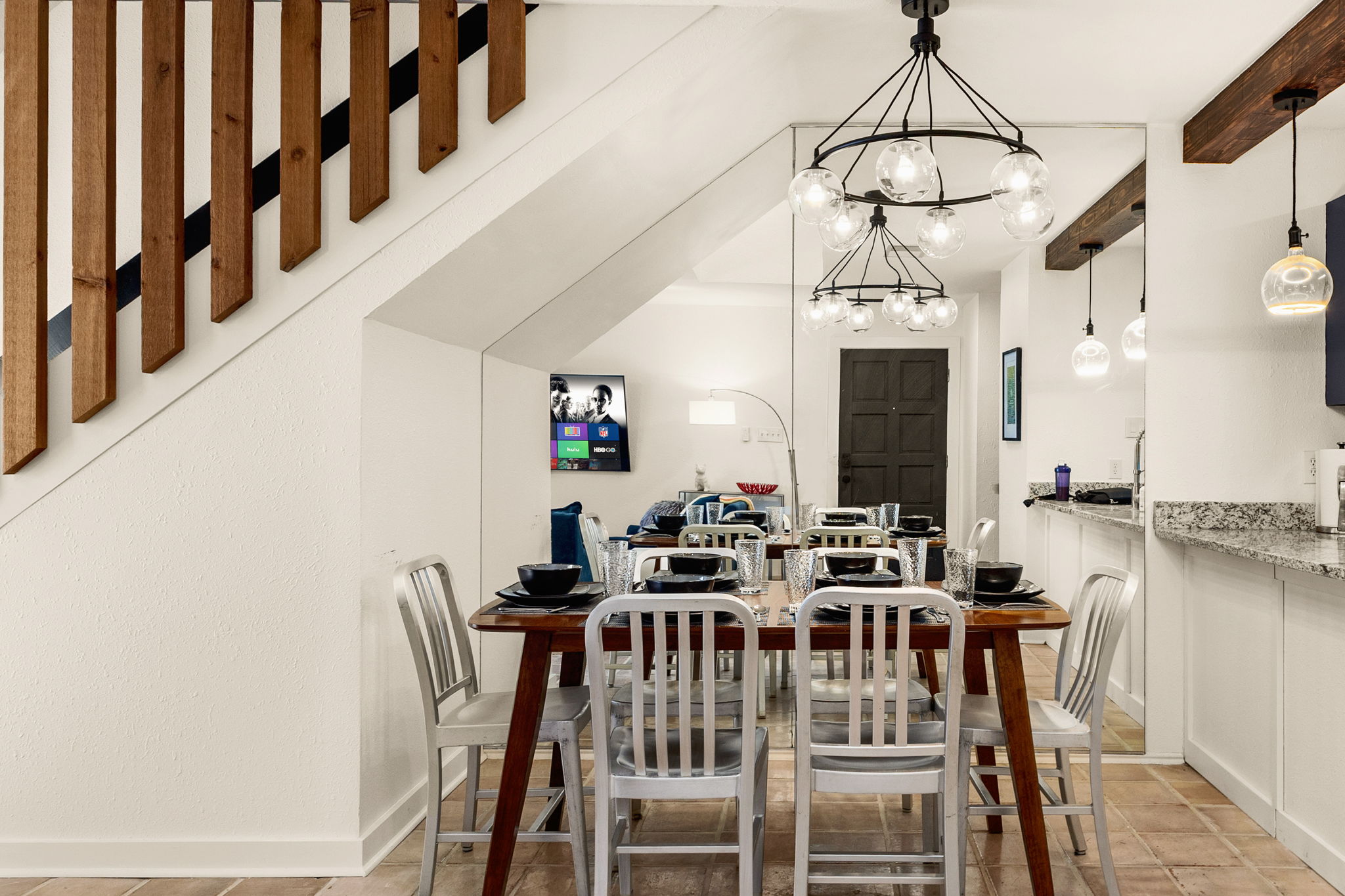 Dining table with seating for 6 and plenty of natural light