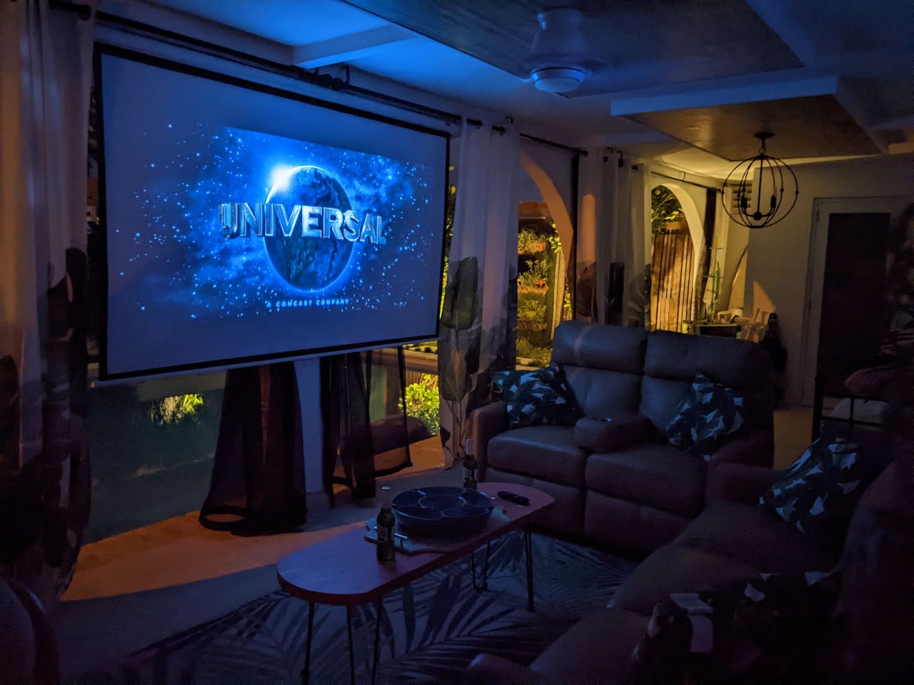Our patio has 120 inch projection screen for fun family movie nights!