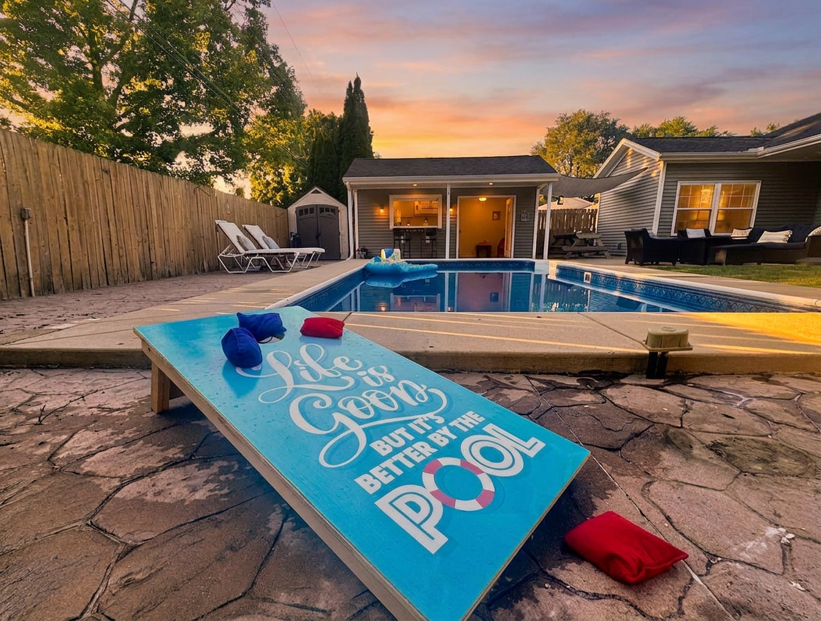 Pool side Corn Hole at Daisy Lane is a great way to connect