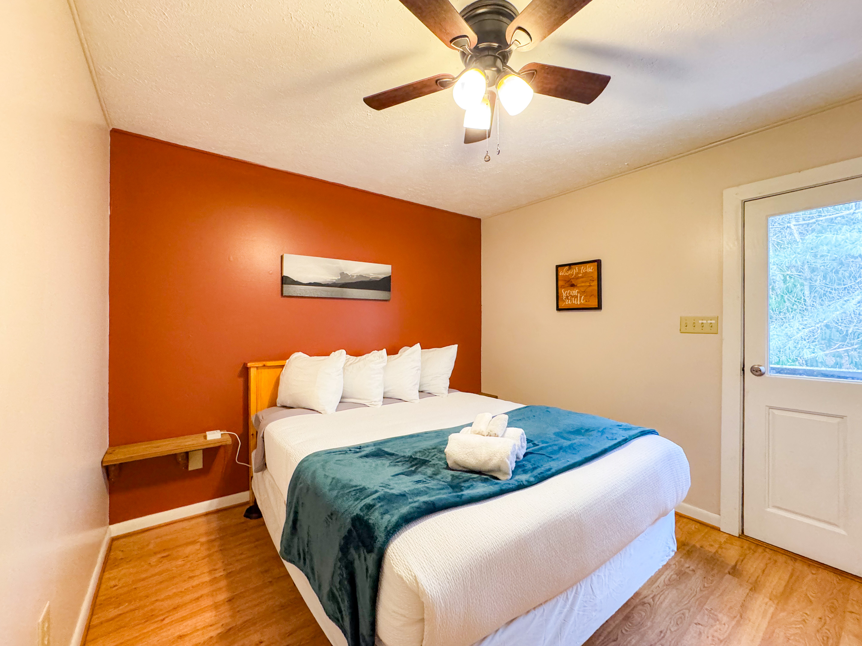 upstairs bedroom complete with a hybrid memory foam queen bed and shredded bamboo pillows