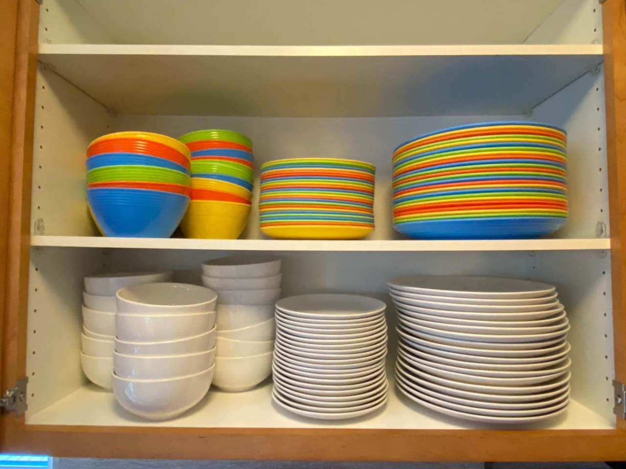 Set of 24 indoor dinnerware and set of 24 outdoor dinnerware provided.
