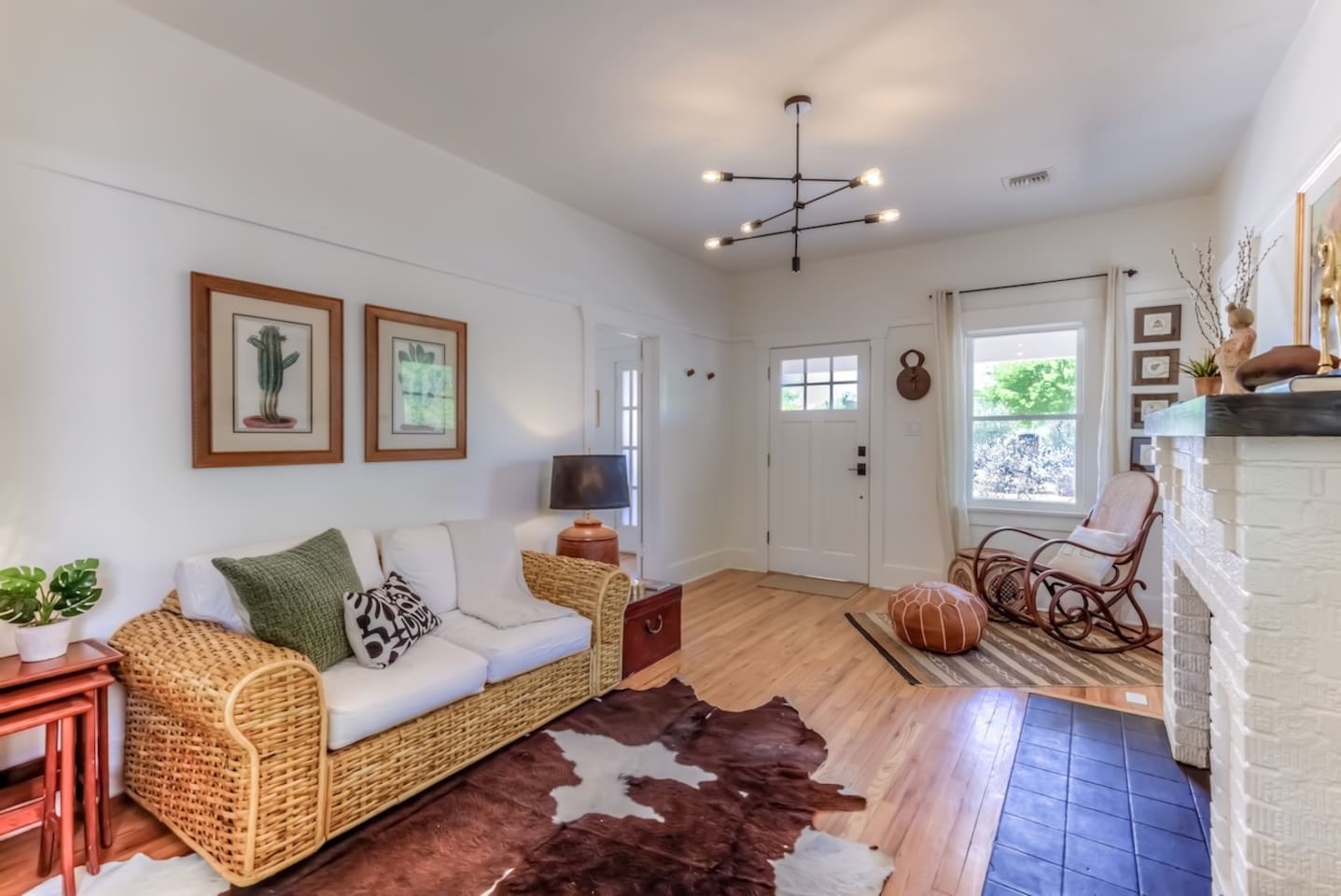 Living room sofa facing gas fireplace