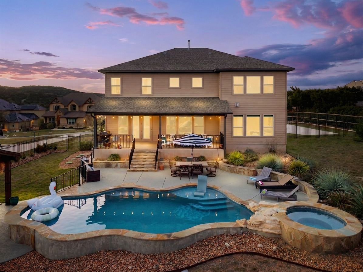 Resort-style backyard with private pool, spa, and spacious outdoor seating—perfect for relaxing and entertaining