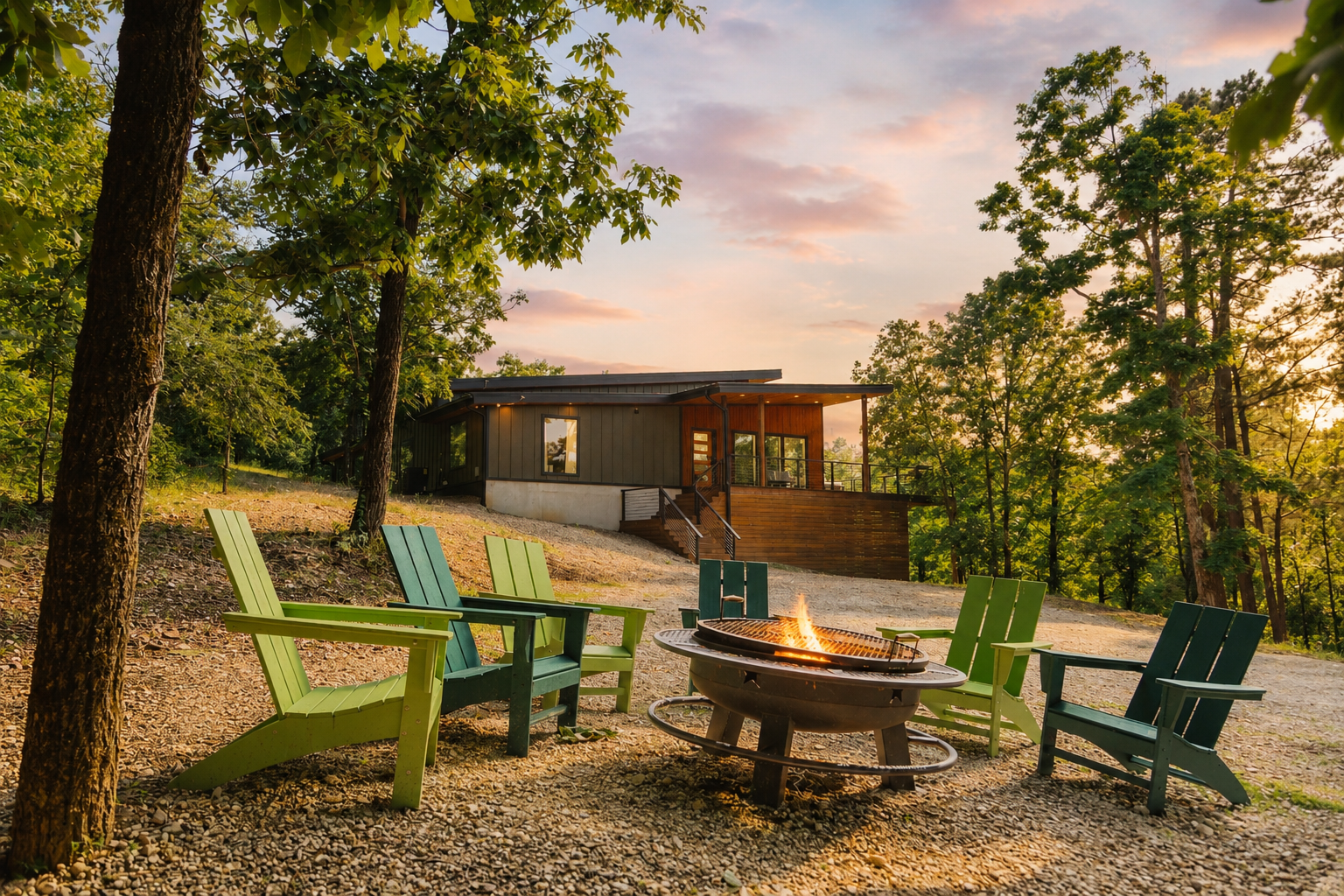 Outdoor firepit surrounded by towering hardwoods - and epic views!