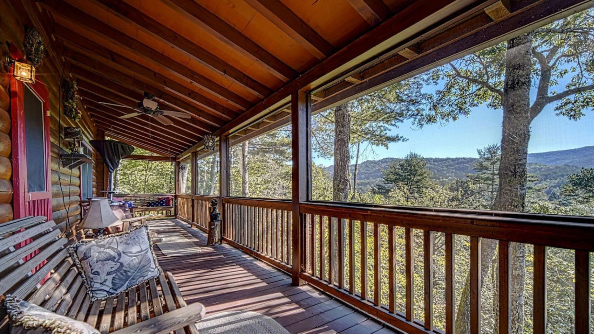 Screened-in porch facing the mountain views to the east.