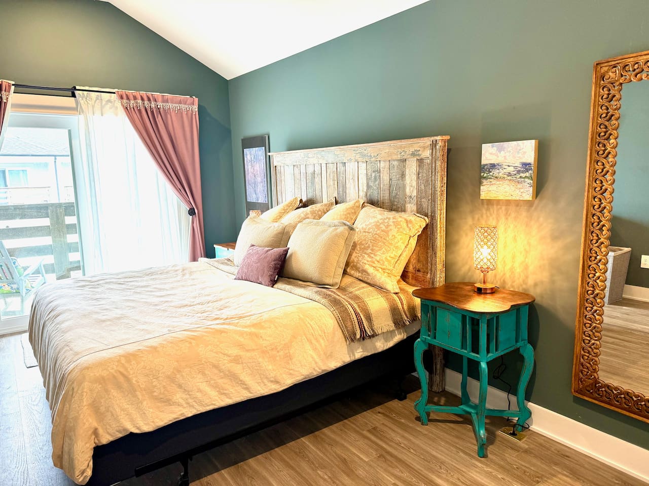 King size bedEn Suite full bathAdjoining balconyDresserWalk in closetFull length mirrorExtra pillows, blankets, hangers