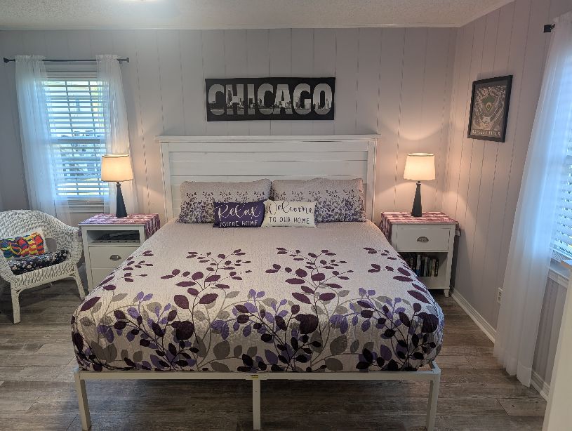 King bed with new mattress and all new bedding.