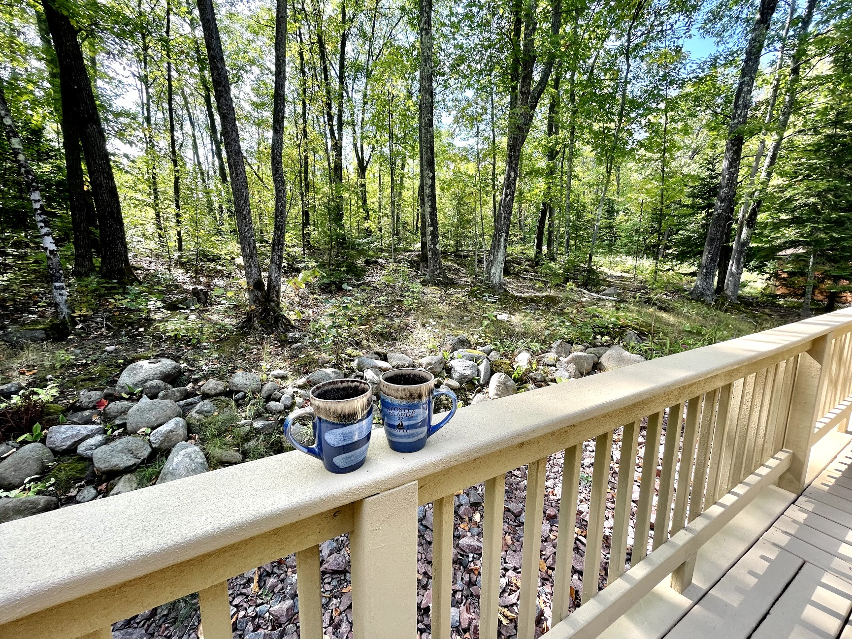 Main Cottage 1k wrap around deck with wooded views. 