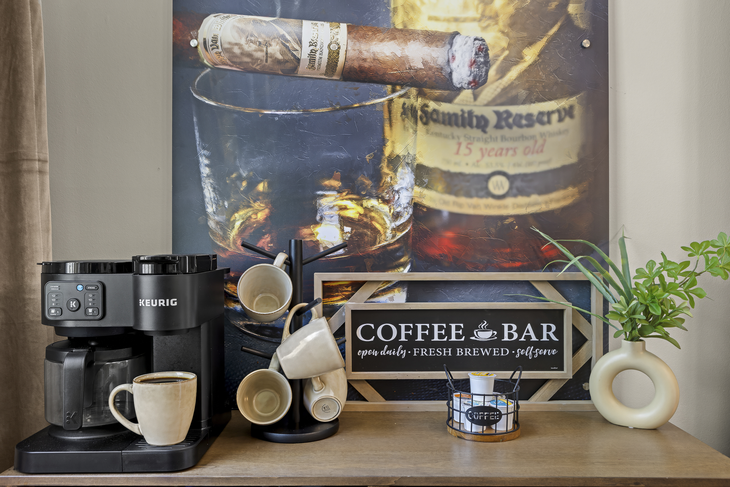 Start every morning at the Keurig Coffee Bar, where a fresh brew, Family Reserve artwork, and a relaxed pace set the tone for the day ahead.