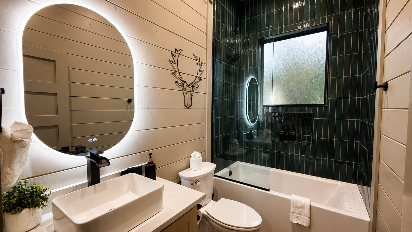 Bathroom Oasis: Enjoy a stylish retreat with elegant fixtures and vibrant tile accents!