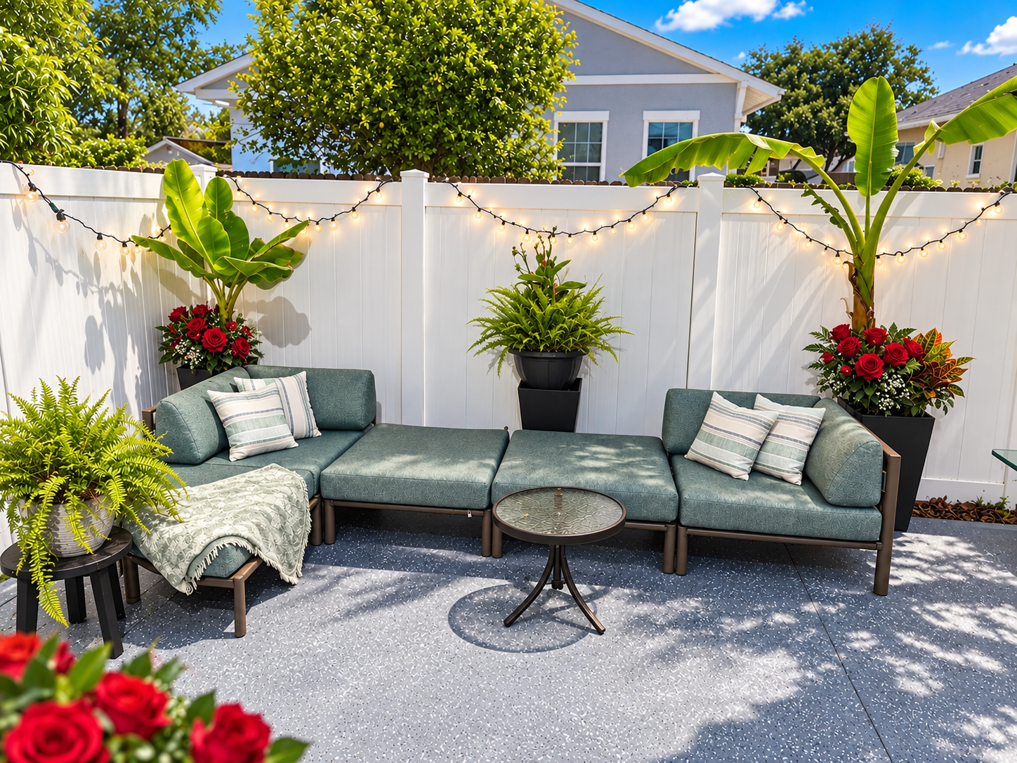 Luxury outdoor privacy fence with contemporary furnishings, perfect for morning coffee or evening entertainment.
