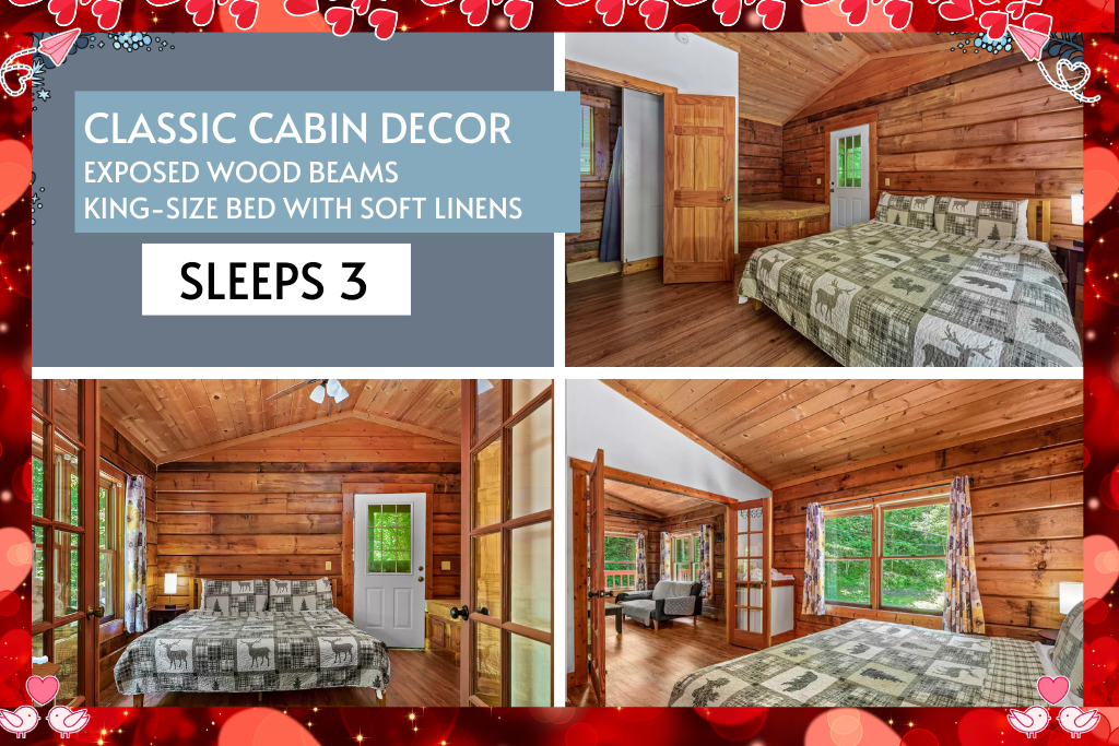 Sleep comfortably in a warm wood toned bedroom featuring exposed beams, soft linens, and a peaceful cabin atmosphere that feels inviting and calm.