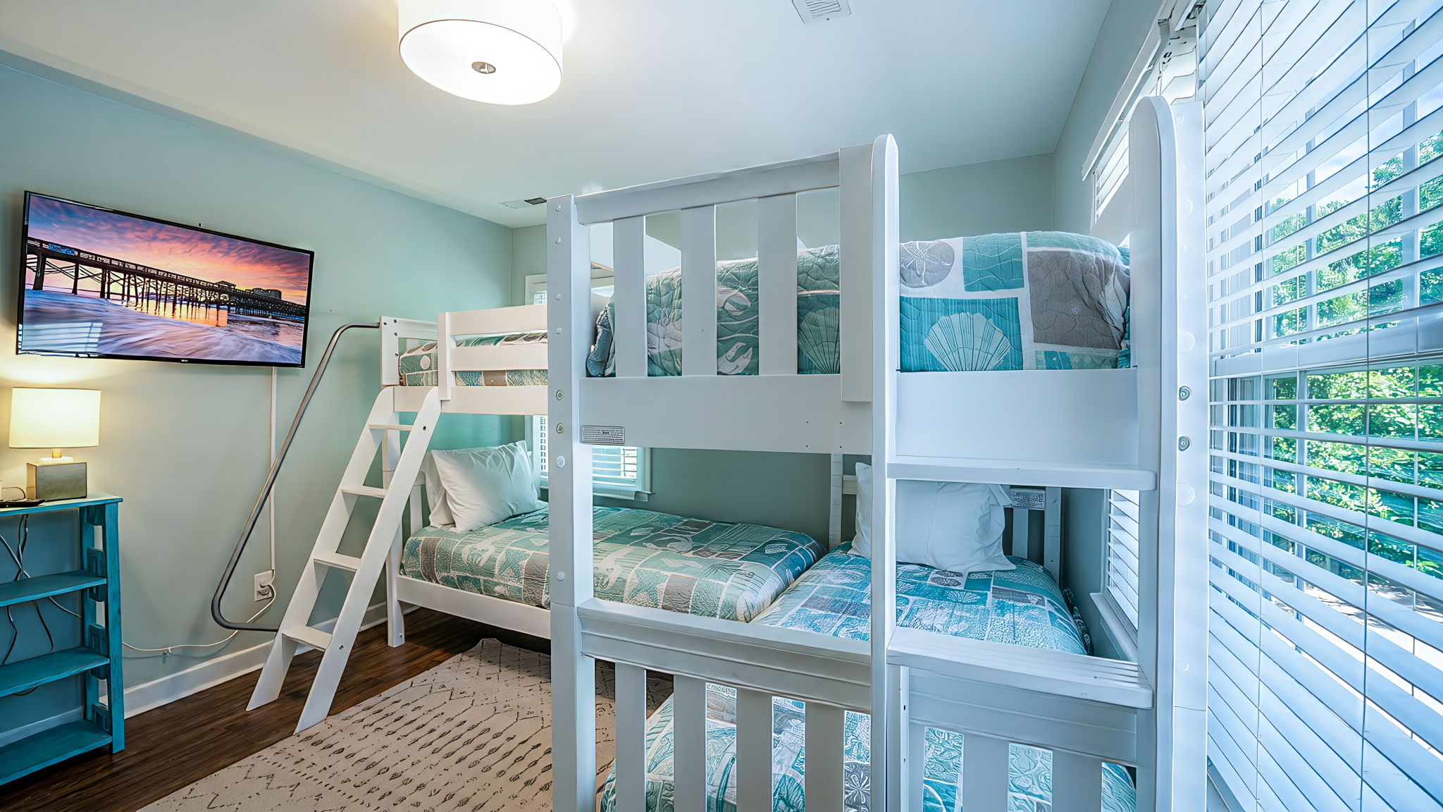 Bunk Bedroom 4 has a set of two bunk beds for a fun kid's bedroom!  Updated beach bedding for a fun retreat! | IOP Escapes Beach Blessing | 3705 Hartnett Blvd, Isle of Palms, SC