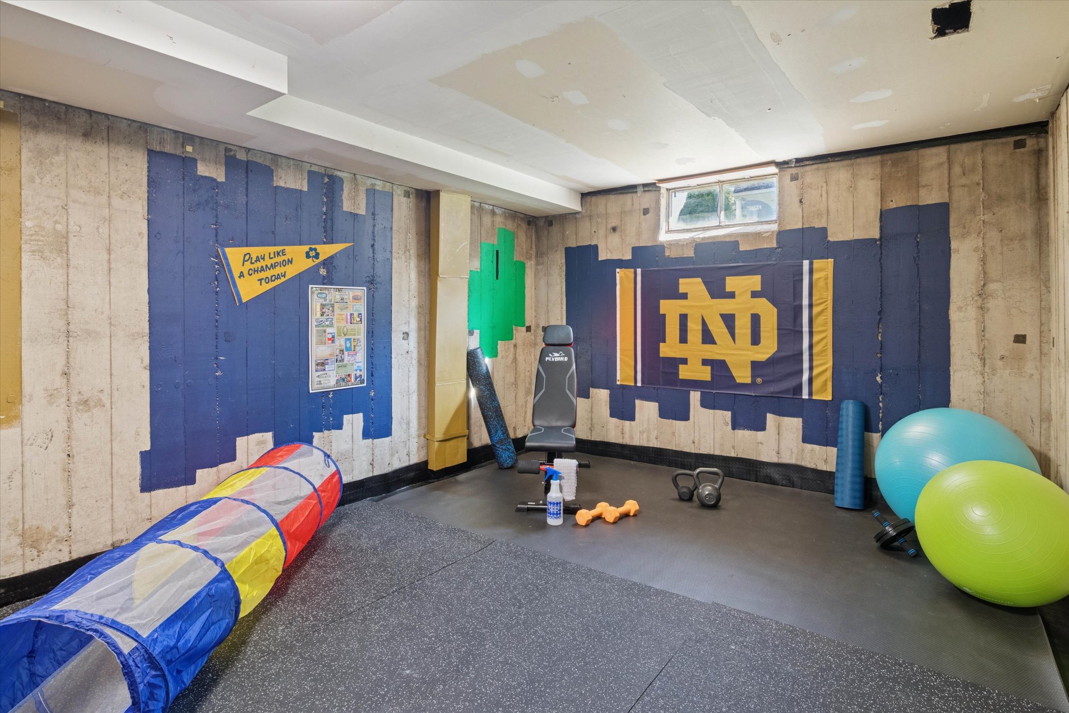 Fuel your focus, channel the Irish—our South Bend guest retreat basement gym features bold ND pride, vibrant gear, and a motivating setup to elevate your mindset and keep the whole crew moving