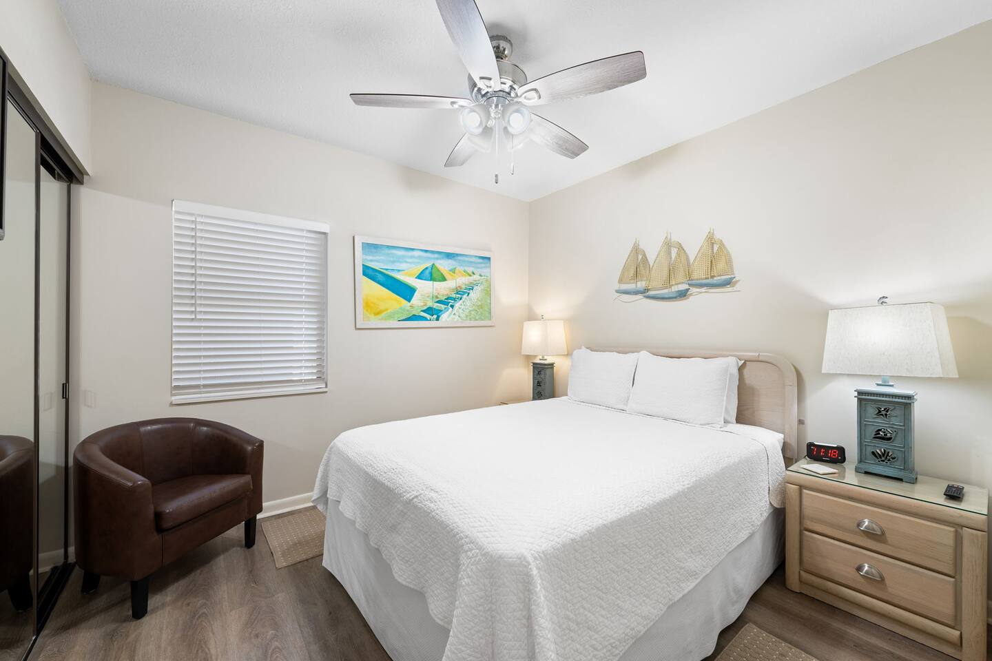 Guest Queen bed, comfy reading chair.